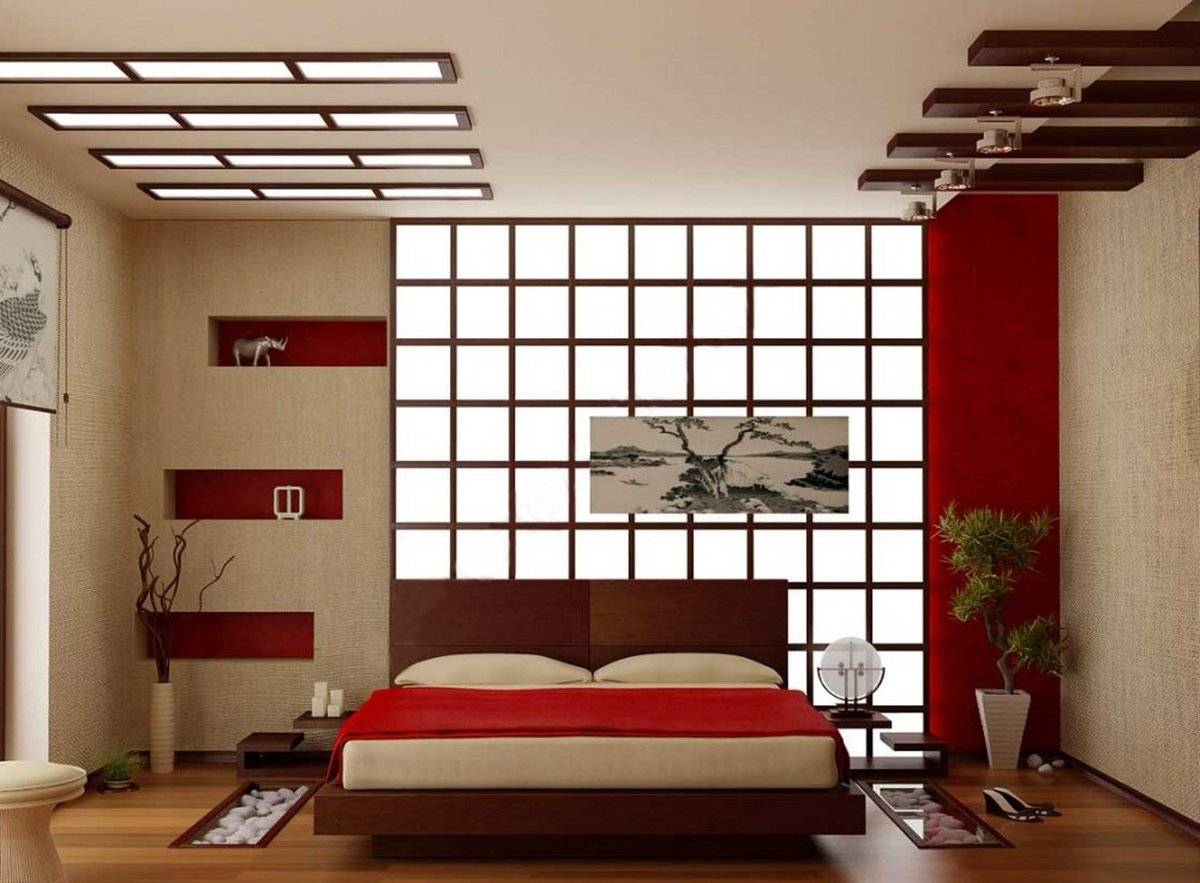 Спальня в японском стиле: фото, дизайн интерьера своими руками, оформление штор, маленькая мебель, люстра и обои