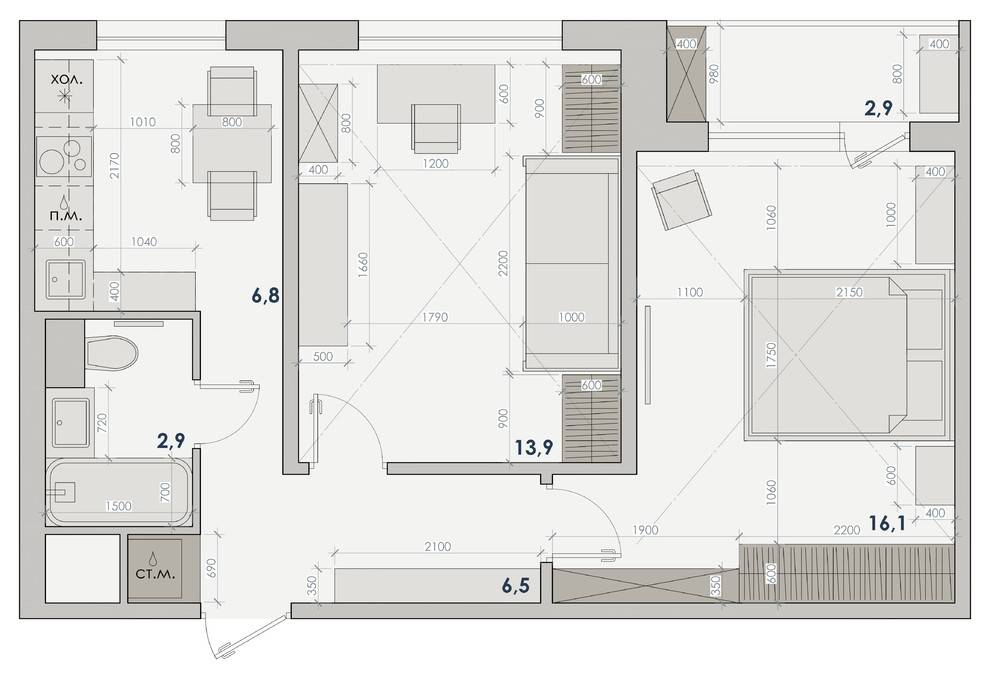 Перепланировка 2-х комнатной квартиры-хрущевки и её новый дизайн