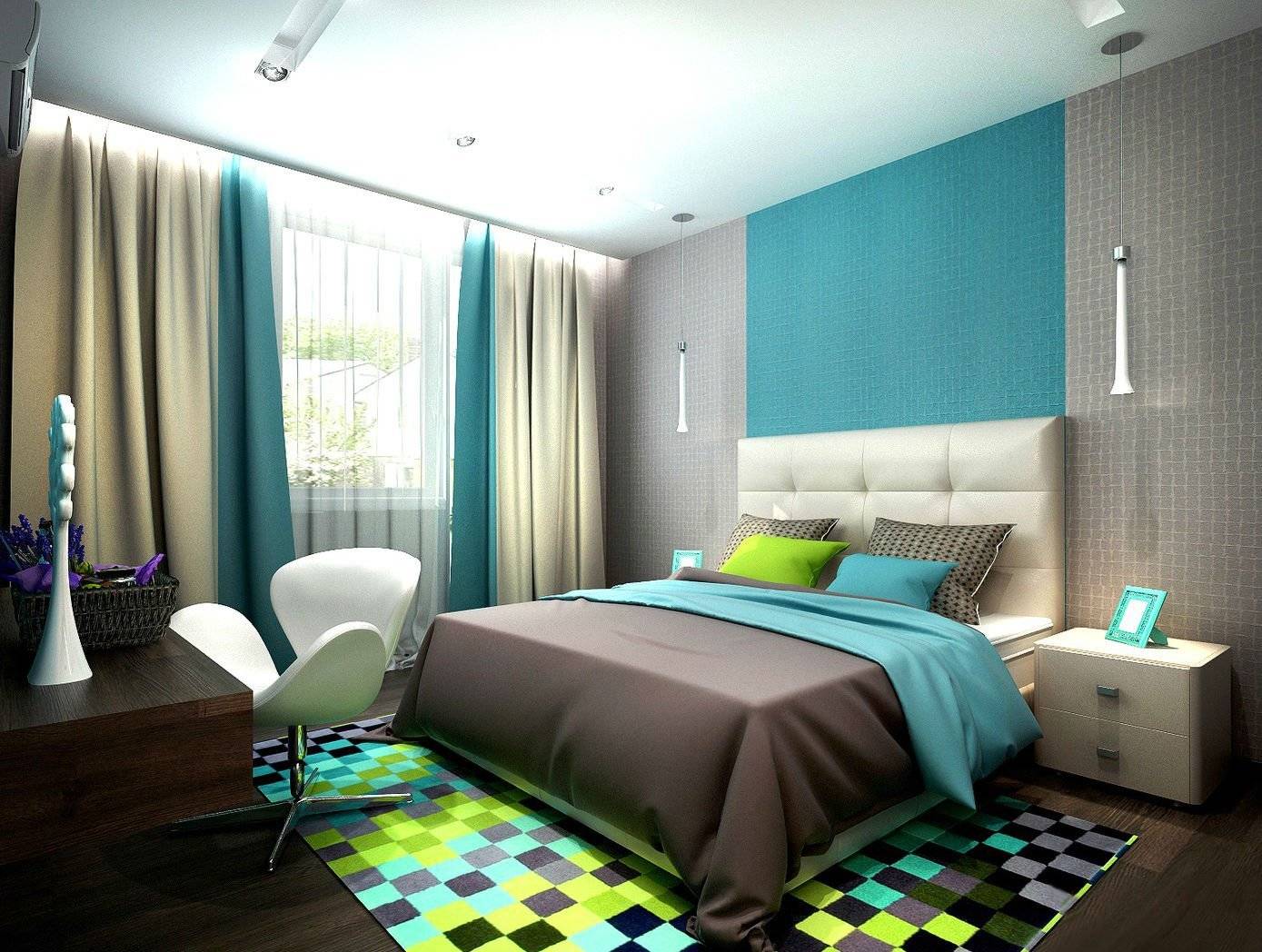 Красивый дизайн спальни в зеленых тонах, 26 фото в интерьере, а также примеры бирюзовых спален и оливковых, выбор мебели и обоев, советы по сочетанию разных цветов