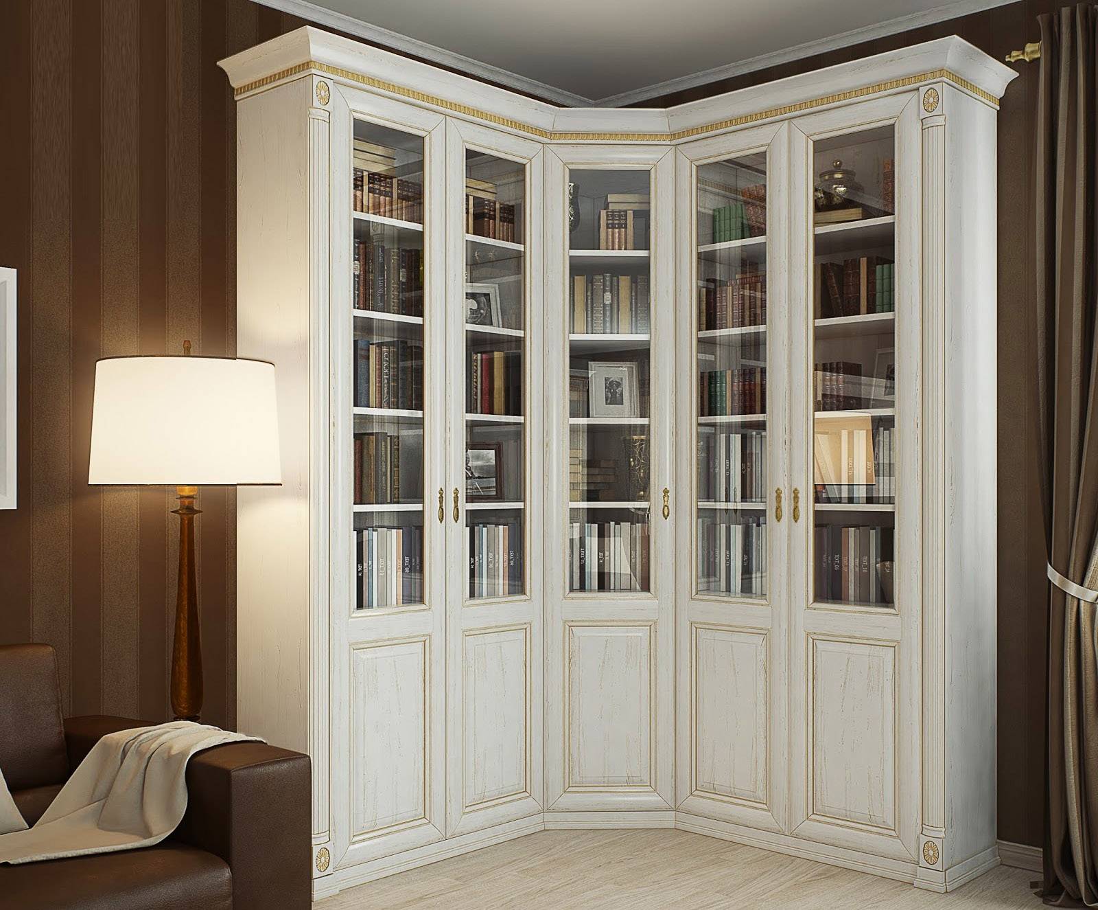 Угловой книжный шкаф со стеклянными дверцами в гостиную и кабинет