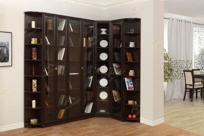 Угловые шкафы для книг со стеклом: малогабаритные и большие модели из дерева