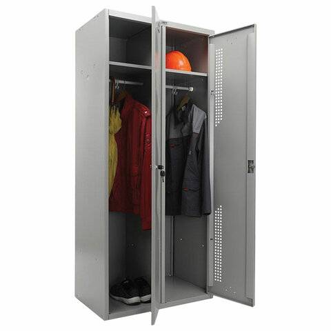 Функционал металлических 2-х секционных шкафов для одежды, наполнение