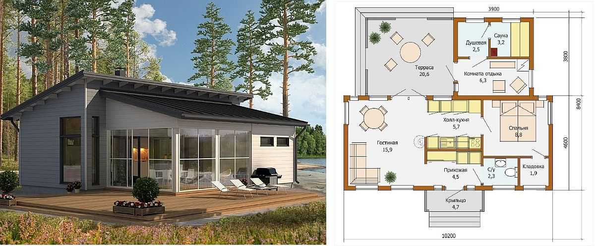 Одноэтажный каркасный дом с односкатной крышей: проекты