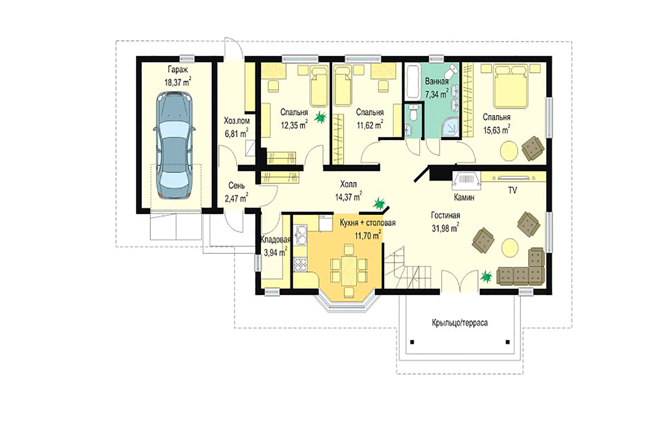 План дома одноэтажного с 3 спальнями и кухней с выходом на террасу и гаражом