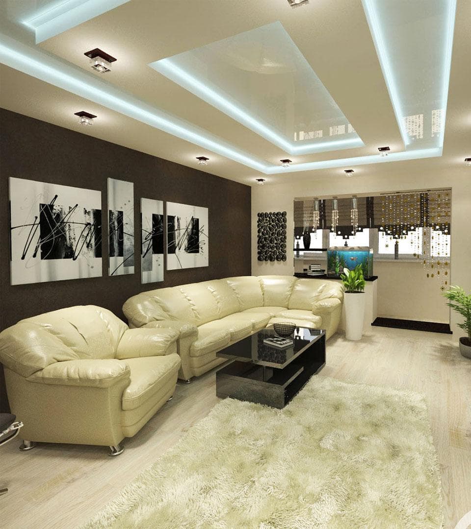 Двухуровневые натяжные потолки в гостиную (56 фото): варианты в стиле «классика» для зала, 2 уровня с подсветкой, современные дизайнерские решения двух уровненных моделей