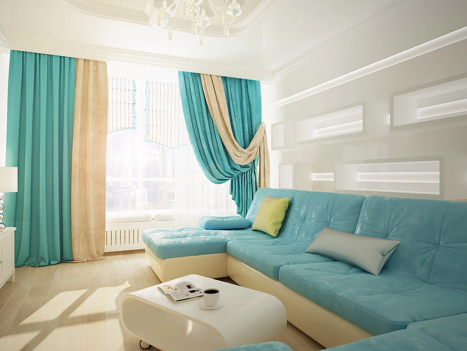 Бирюзовая гостиная - стильный и свежий интерьер - flats ideas