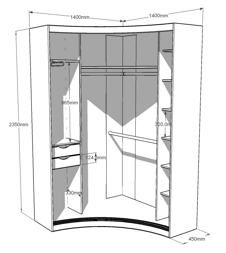 Угловой шкаф купе - наполнение внутри с размерами