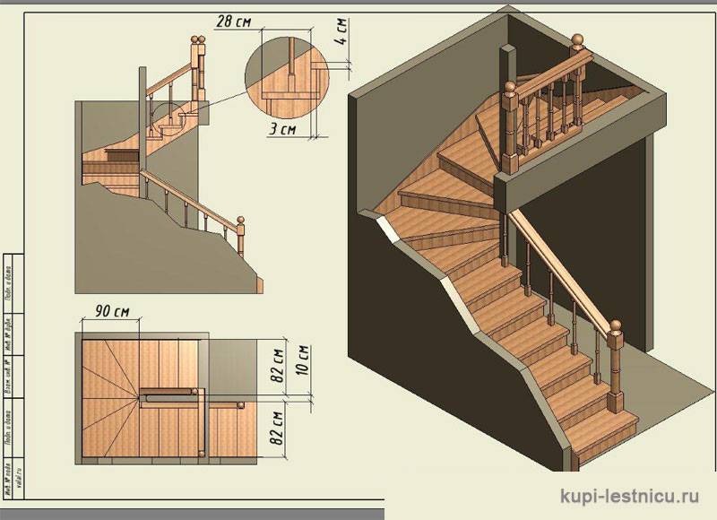 Расчёт лестницы с забежными ступенями на 180