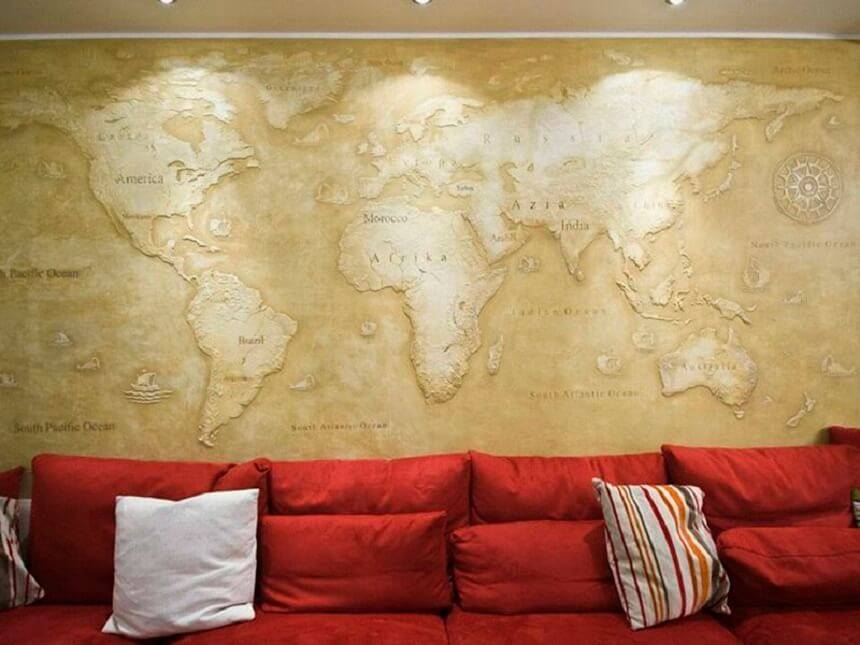Карта мира на стену как элемент дизайна интерьера, идеи оформления, примеры с фото