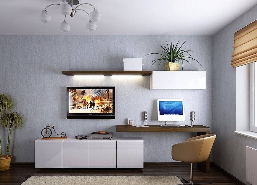 Угловая стенка в гостиную с телевизором в углу и вместительным платяным шкафом, современные стенки