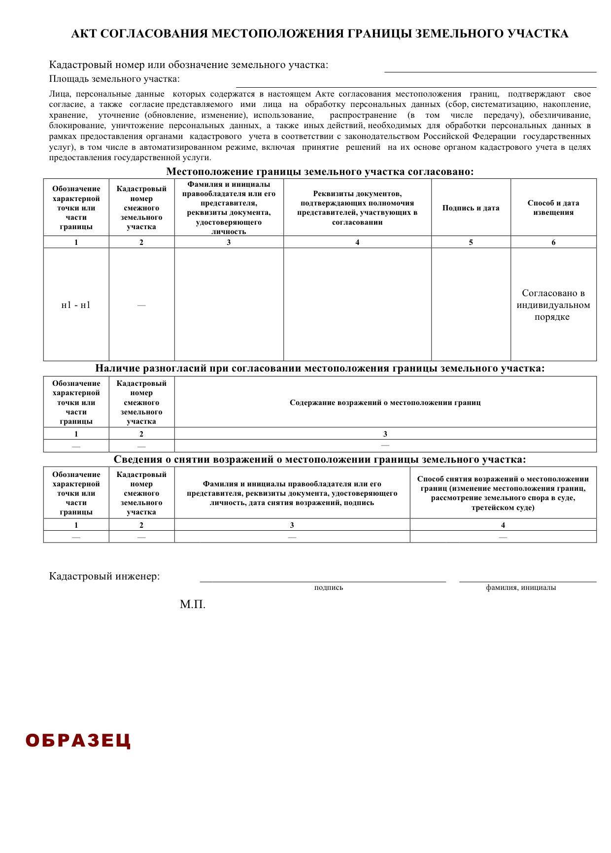 Согласование границ земельного участка. Форма акта согласования местоположения границ земельного участка.