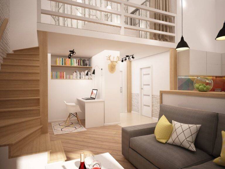 Маленькие квартиры-студии со спальней на втором ярусе (антресоль), 3 проекта